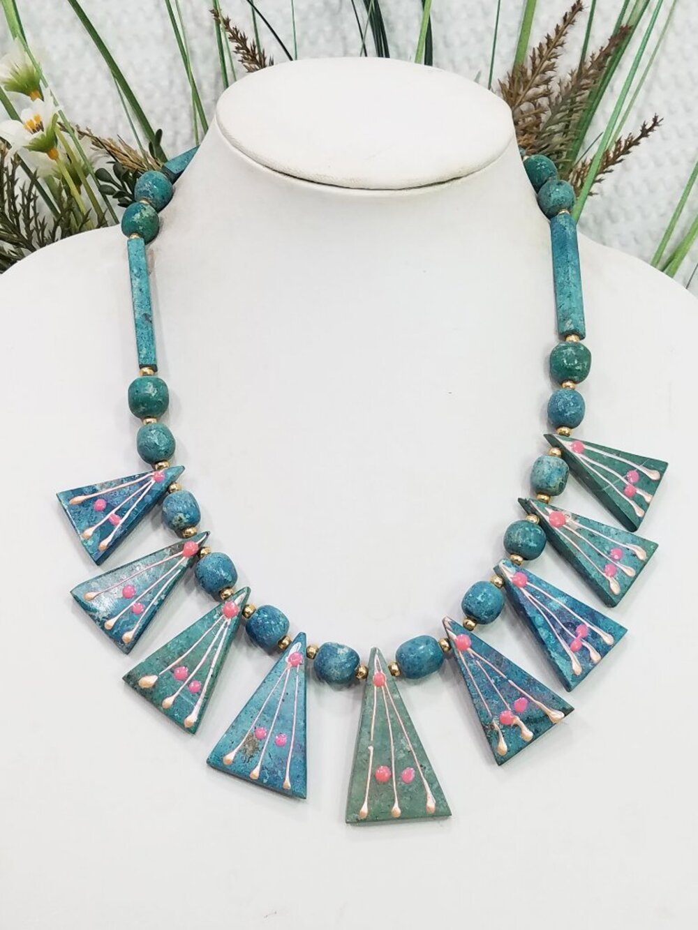Reversible Boho Tribal Hand-Painted Chrysocolla/Turquoise Gemstone Bib Necklace